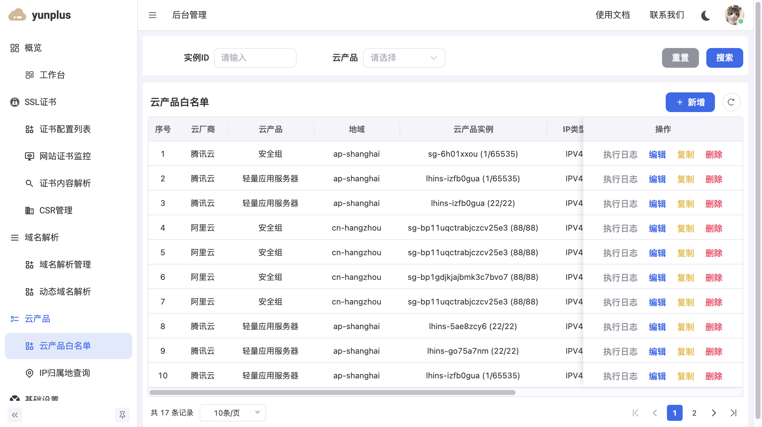 云产品白名单列表